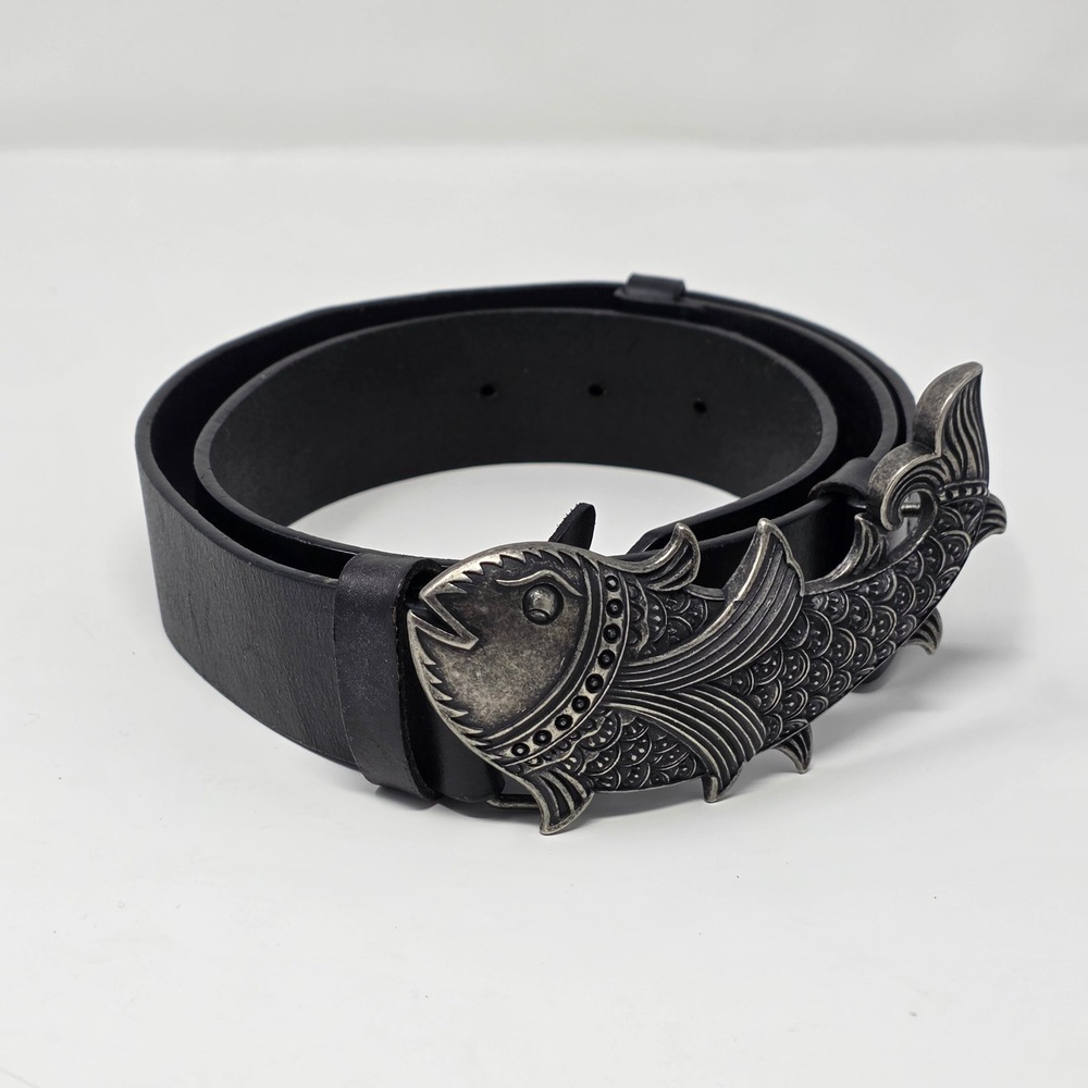 Coldwater Creek Women Fish Out Water Black Leather Belt Koi Art Boho Adj S / M